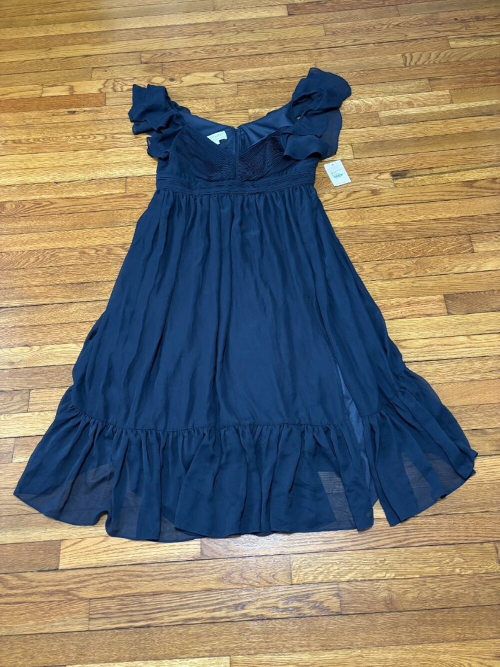 Birdy Grey Michelle Chiffon Dress Plus Sz 1X Navy Blue Midi Bridesmaid Gown NWT